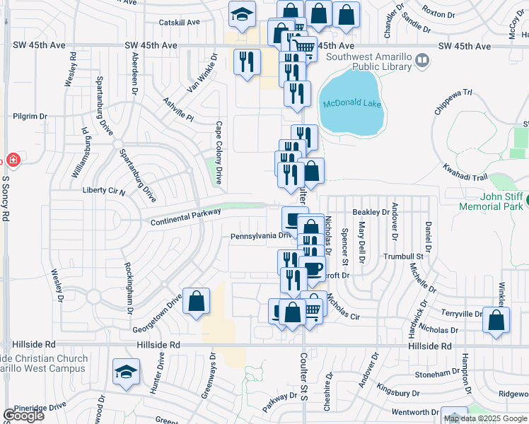 map of restaurants, bars, coffee shops, grocery stores, and more near 7410 Continental Parkway in Amarillo