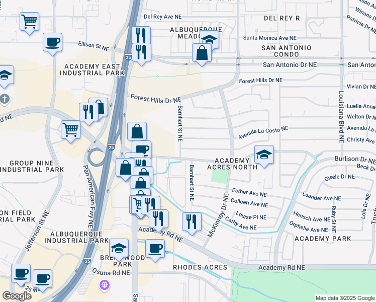 map of restaurants, bars, coffee shops, grocery stores, and more near 6200 Avenida La Costa Northeast in Albuquerque