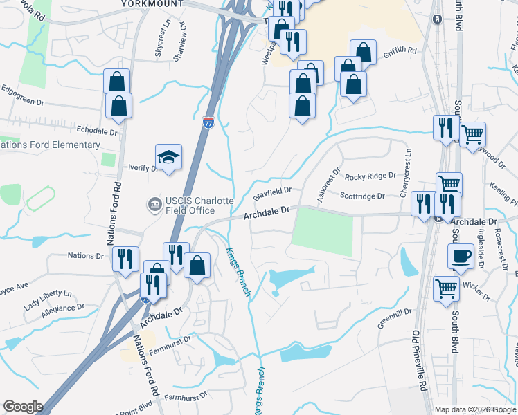 map of restaurants, bars, coffee shops, grocery stores, and more near 627 Braxfield Drive in Charlotte
