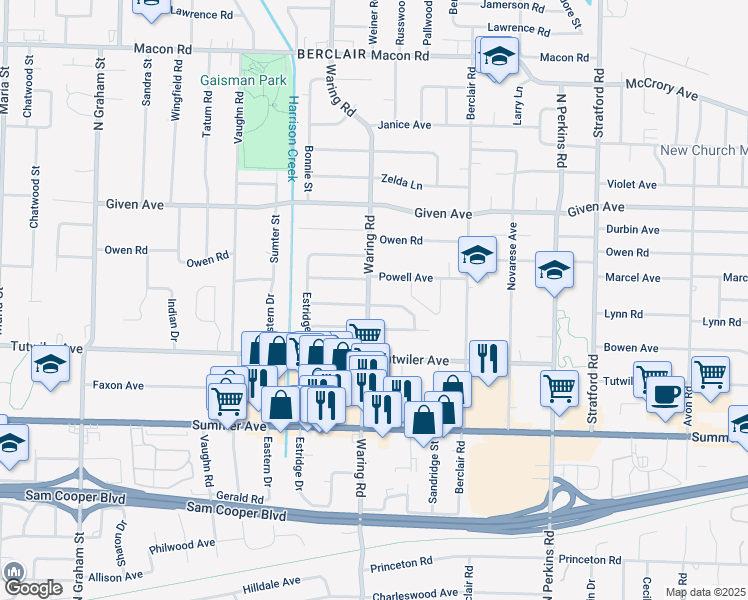 map of restaurants, bars, coffee shops, grocery stores, and more near 4339 Powell Avenue in Memphis