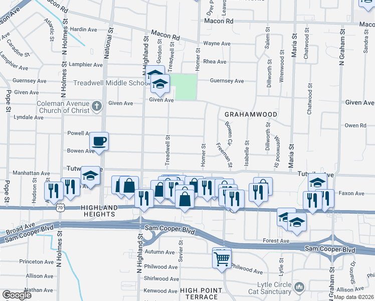 map of restaurants, bars, coffee shops, grocery stores, and more near 3625 Powell Avenue in Memphis