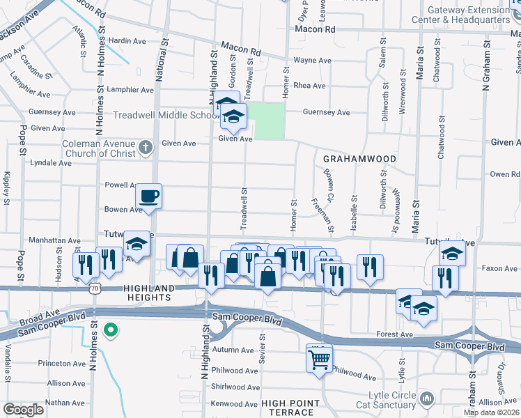 map of restaurants, bars, coffee shops, grocery stores, and more near 3579 Powell Avenue in Memphis