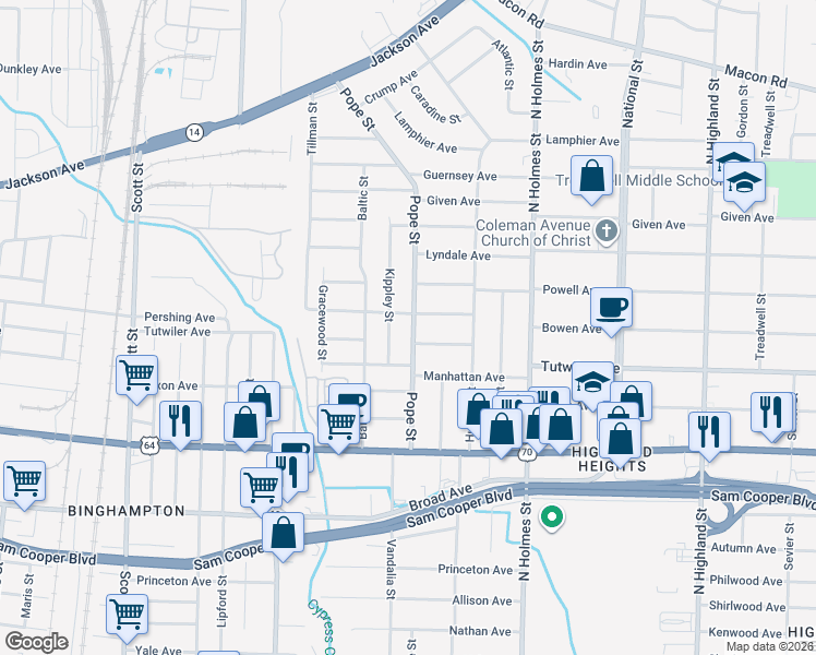 map of restaurants, bars, coffee shops, grocery stores, and more near 798 Kippley Street in Memphis