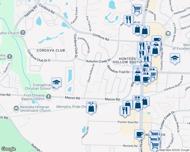 map of restaurants, bars, coffee shops, grocery stores, and more near 1062 Dove Hollow Drive in Memphis