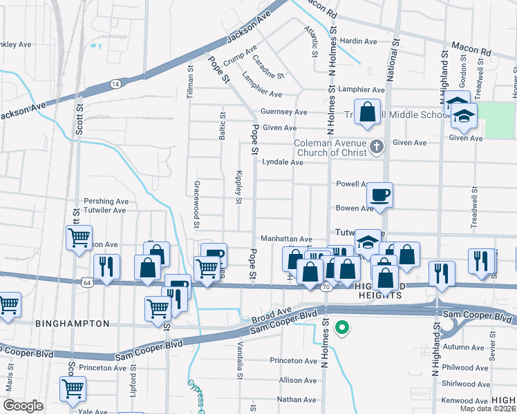 map of restaurants, bars, coffee shops, grocery stores, and more near 3176 Pershing Avenue in Memphis