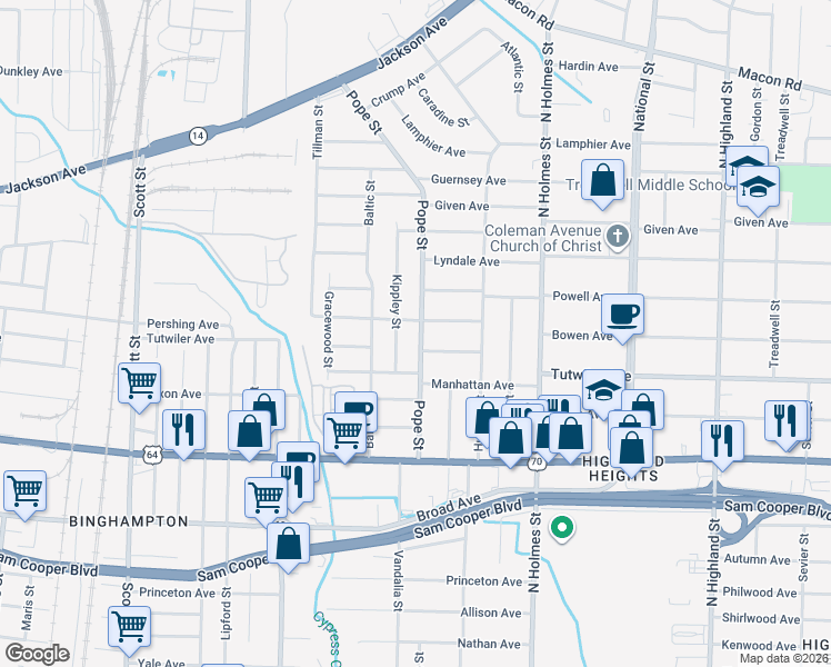 map of restaurants, bars, coffee shops, grocery stores, and more near 798 Kippley Street in Memphis