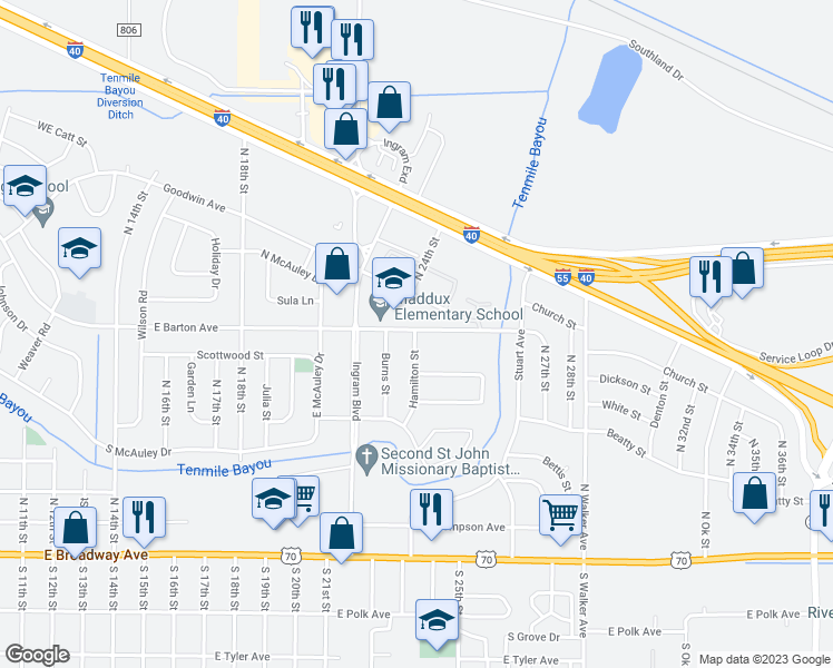 map of restaurants, bars, coffee shops, grocery stores, and more near 2303 East Barton Avenue in West Memphis