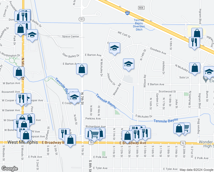 map of restaurants, bars, coffee shops, grocery stores, and more near 516 Parkway Drive in West Memphis