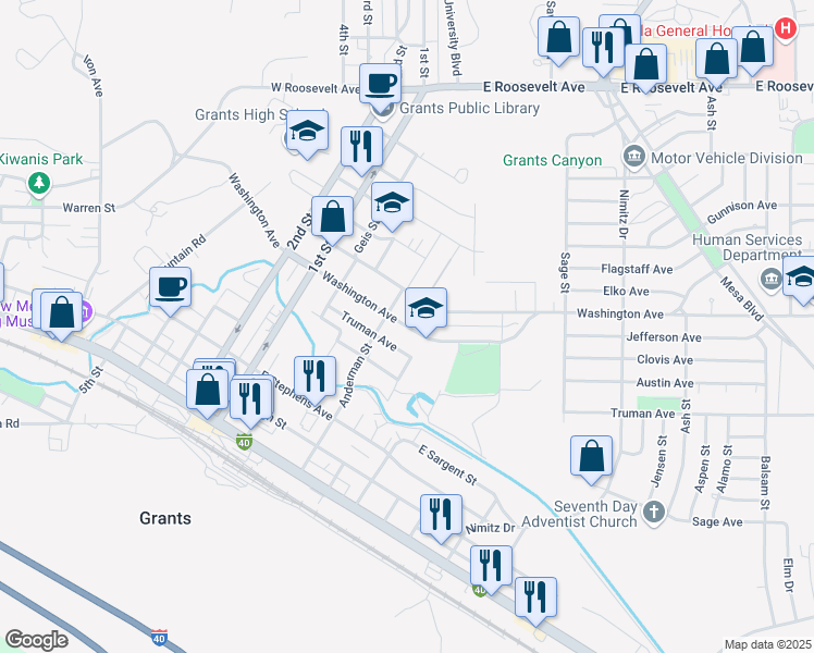 map of restaurants, bars, coffee shops, grocery stores, and more near 400 Washington Avenue in Grants