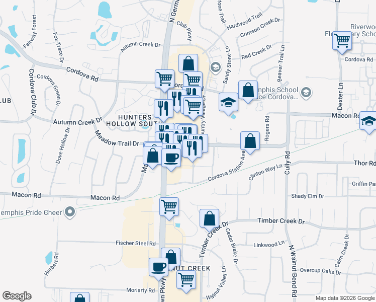 map of restaurants, bars, coffee shops, grocery stores, and more near 1080 North Germantown Parkway in Memphis