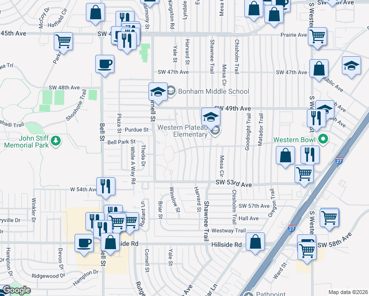 map of restaurants, bars, coffee shops, grocery stores, and more near 5001 Yale Street in Amarillo