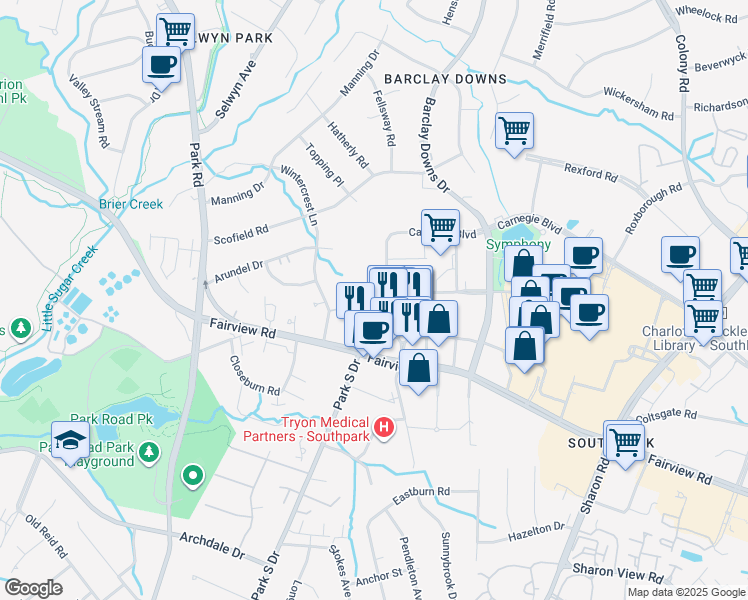 map of restaurants, bars, coffee shops, grocery stores, and more near 5725 Carnegie Boulevard in Charlotte