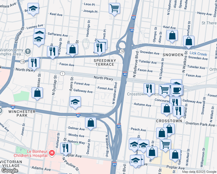 map of restaurants, bars, coffee shops, grocery stores, and more near 1051 North Parkway in Memphis