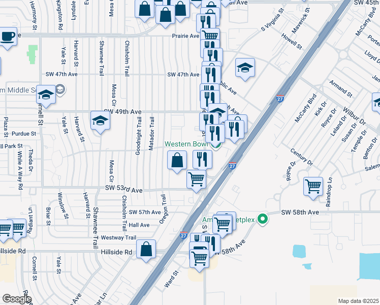 map of restaurants, bars, coffee shops, grocery stores, and more near 4205 Southwest 51st Avenue in Amarillo