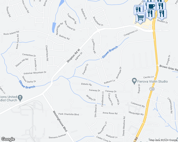 map of restaurants, bars, coffee shops, grocery stores, and more near 10427 Paisley Abbey Lane in Charlotte