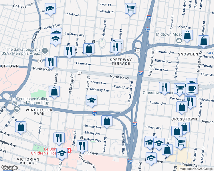 map of restaurants, bars, coffee shops, grocery stores, and more near 995 Forrest Avenue in Memphis