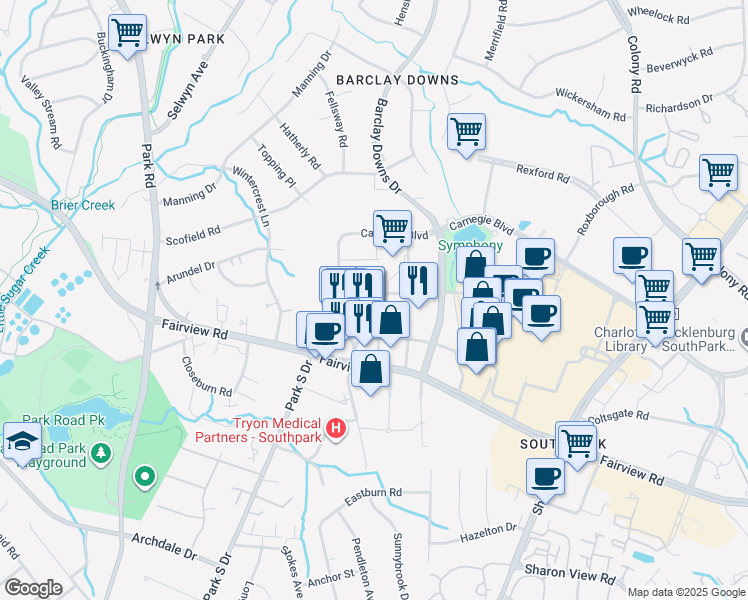 map of restaurants, bars, coffee shops, grocery stores, and more near 5720 Carnegie Boulevard in Charlotte