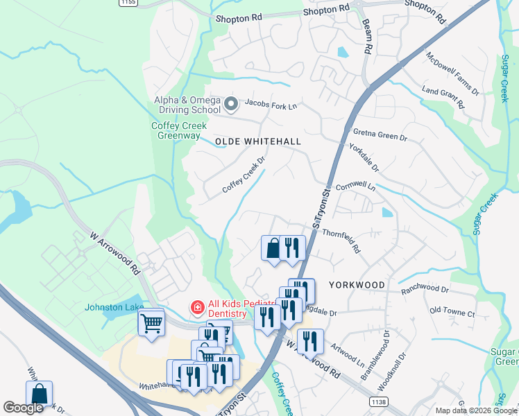 map of restaurants, bars, coffee shops, grocery stores, and more near 7601 Coffey Creek Drive in Charlotte