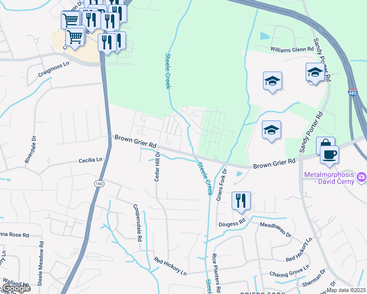 map of restaurants, bars, coffee shops, grocery stores, and more near 13631 Brown Grier Road in Charlotte