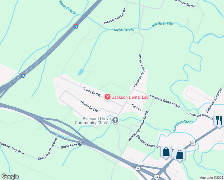 map of restaurants, bars, coffee shops, grocery stores, and more near 2002 Pleasant Grove Trail SW in Cleveland