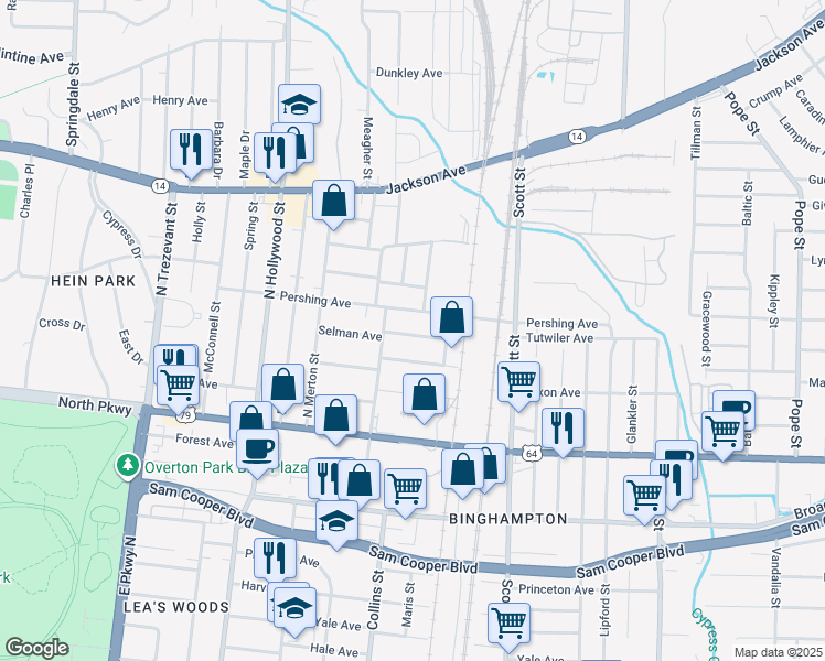 map of restaurants, bars, coffee shops, grocery stores, and more near 2611 Pershing Avenue in Memphis