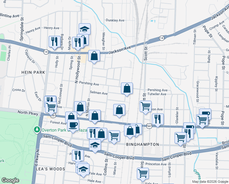 map of restaurants, bars, coffee shops, grocery stores, and more near 2611 Pershing Avenue in Memphis