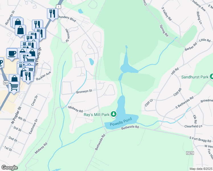map of restaurants, bars, coffee shops, grocery stores, and more near 40 Cypress Circle in Southern Pines
