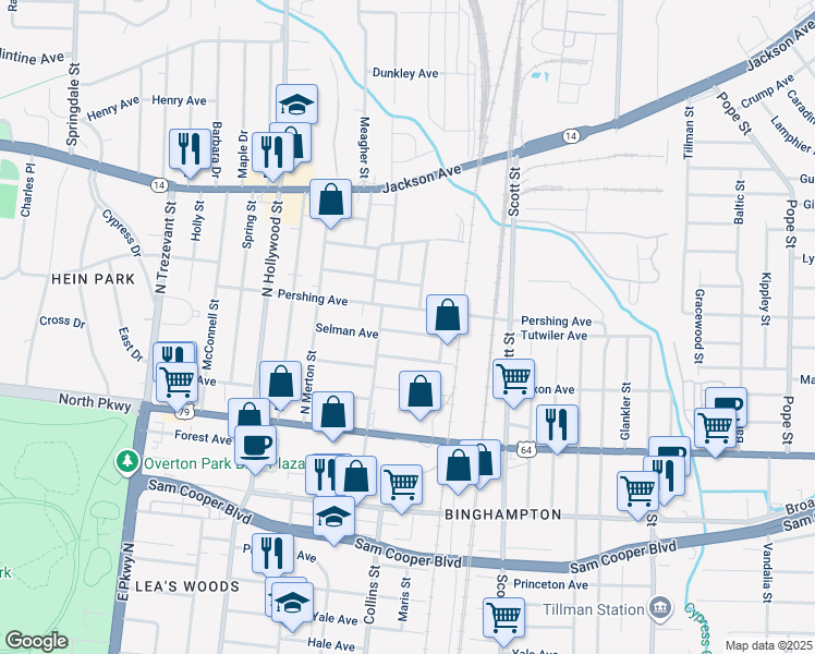 map of restaurants, bars, coffee shops, grocery stores, and more near 2611 Pershing Avenue in Memphis
