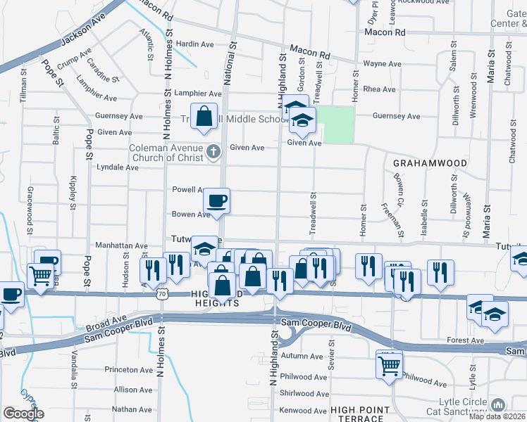 map of restaurants, bars, coffee shops, grocery stores, and more near 3447 Powell Avenue in Memphis