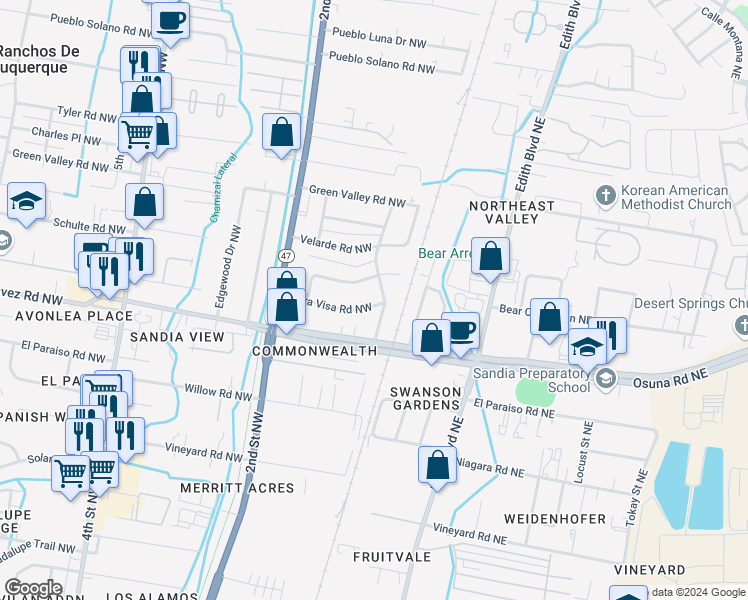 map of restaurants, bars, coffee shops, grocery stores, and more near 113 Nara Visa Road Northwest in Albuquerque