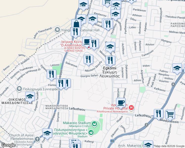 map of restaurants, bars, coffee shops, grocery stores, and more near Agias Kasianis in Egkomi