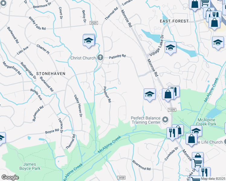 map of restaurants, bars, coffee shops, grocery stores, and more near 6426 Round Hill Road in Charlotte
