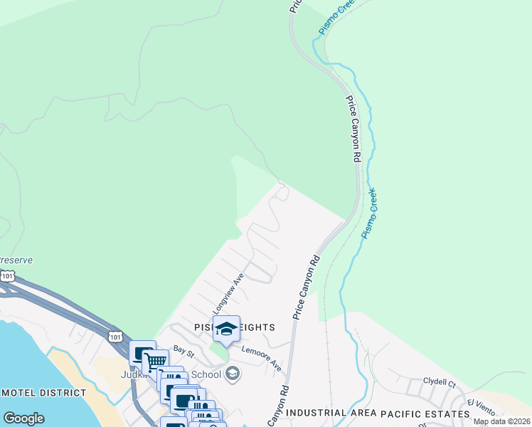 map of restaurants, bars, coffee shops, grocery stores, and more near 1171 Longview Avenue in Pismo Beach