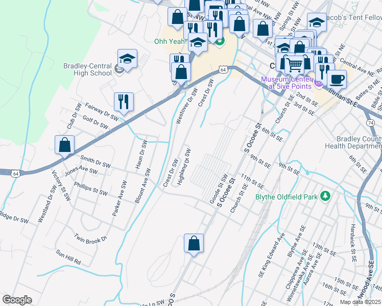 map of restaurants, bars, coffee shops, grocery stores, and more near 503 Highland Drive Southwest in Cleveland