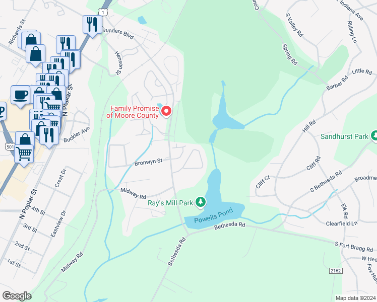 map of restaurants, bars, coffee shops, grocery stores, and more near 42 Cypress Circle in Southern Pines