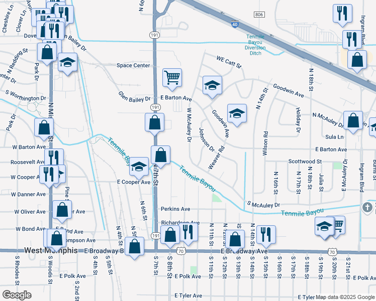 map of restaurants, bars, coffee shops, grocery stores, and more near 767 West McAuley Drive in West Memphis