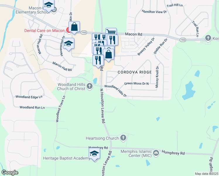 map of restaurants, bars, coffee shops, grocery stores, and more near 10093 Woodland Hills Drive in Shelby County
