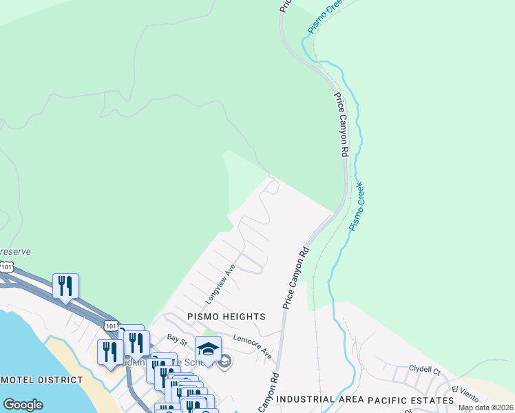 map of restaurants, bars, coffee shops, grocery stores, and more near 1171 Longview Avenue in Pismo Beach
