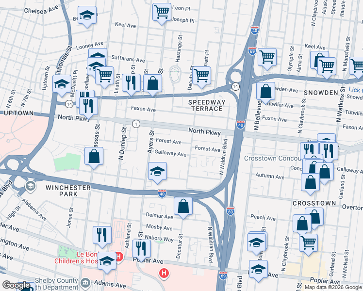 map of restaurants, bars, coffee shops, grocery stores, and more near 1010 Forest Avenue in Memphis