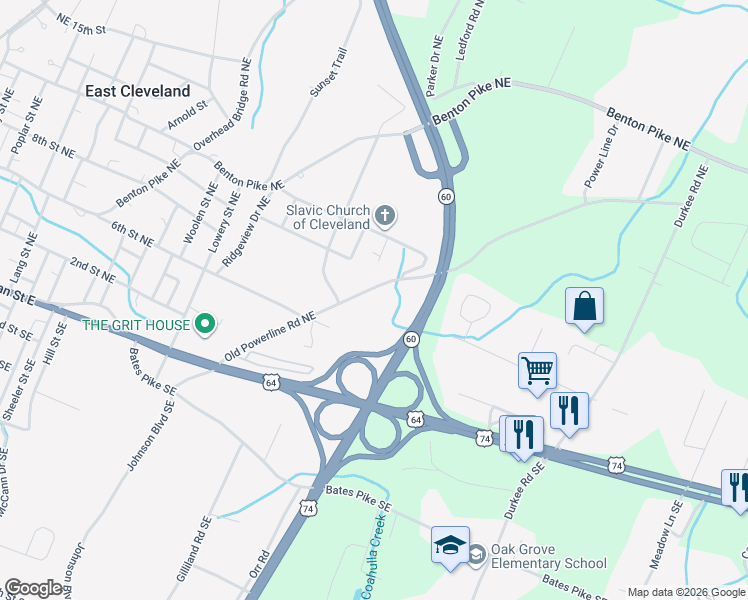 map of restaurants, bars, coffee shops, grocery stores, and more near 450 Old Powerline Rd NE in Cleveland