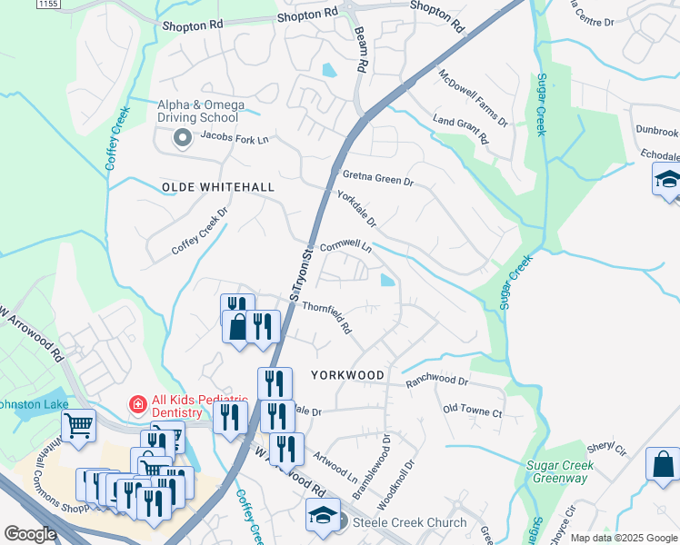 map of restaurants, bars, coffee shops, grocery stores, and more near 7000 Modern Way in Charlotte