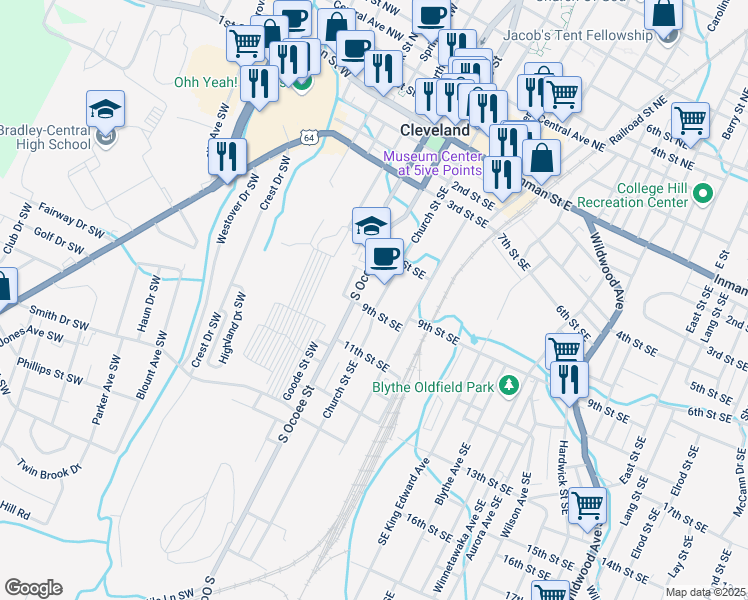 map of restaurants, bars, coffee shops, grocery stores, and more near 795 Church Street Northeast in Cleveland