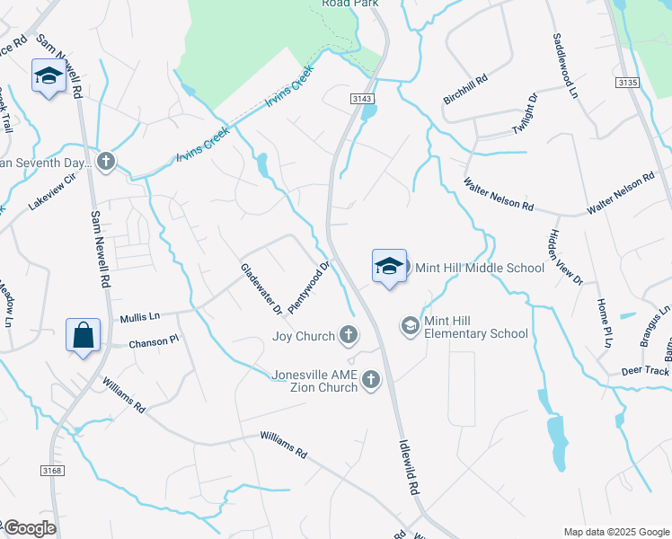 map of restaurants, bars, coffee shops, grocery stores, and more near 3110 Plentywood Drive in Matthews