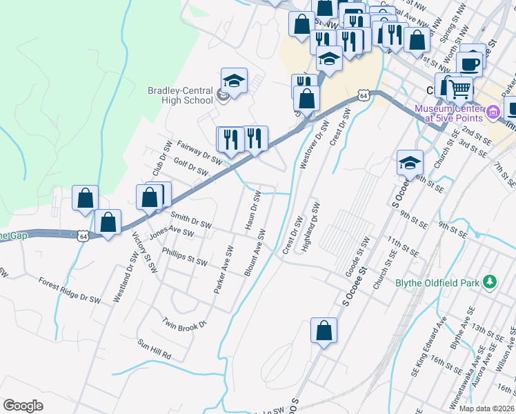 map of restaurants, bars, coffee shops, grocery stores, and more near 1304 Blount Avenue Southwest in Cleveland