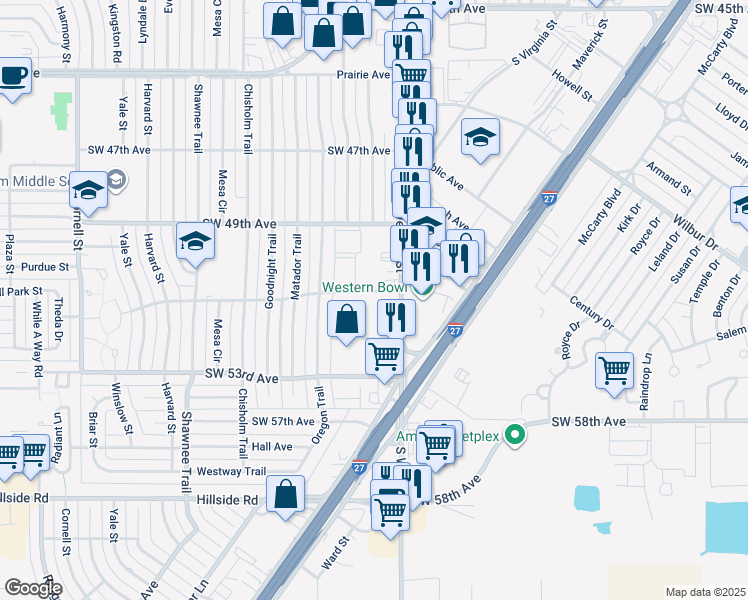map of restaurants, bars, coffee shops, grocery stores, and more near 5050 South Western Street in Amarillo