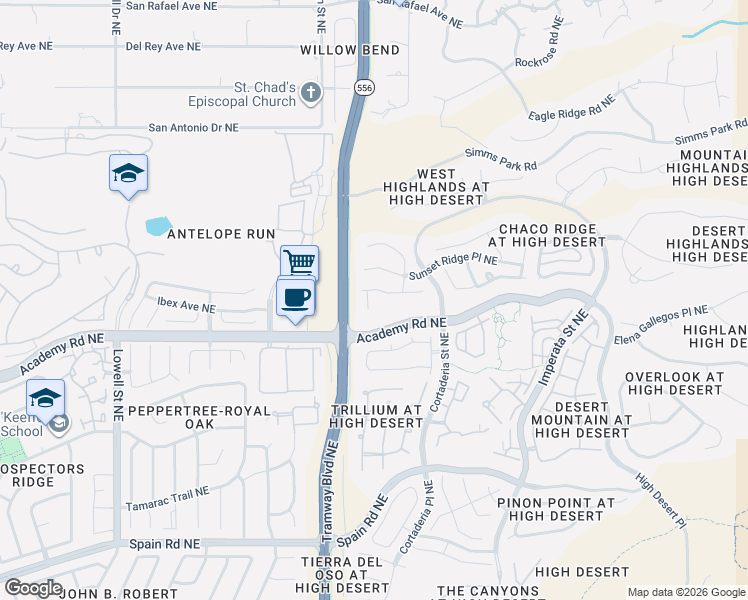 map of restaurants, bars, coffee shops, grocery stores, and more near 12705 Sandia Ridge Place Northeast in Albuquerque