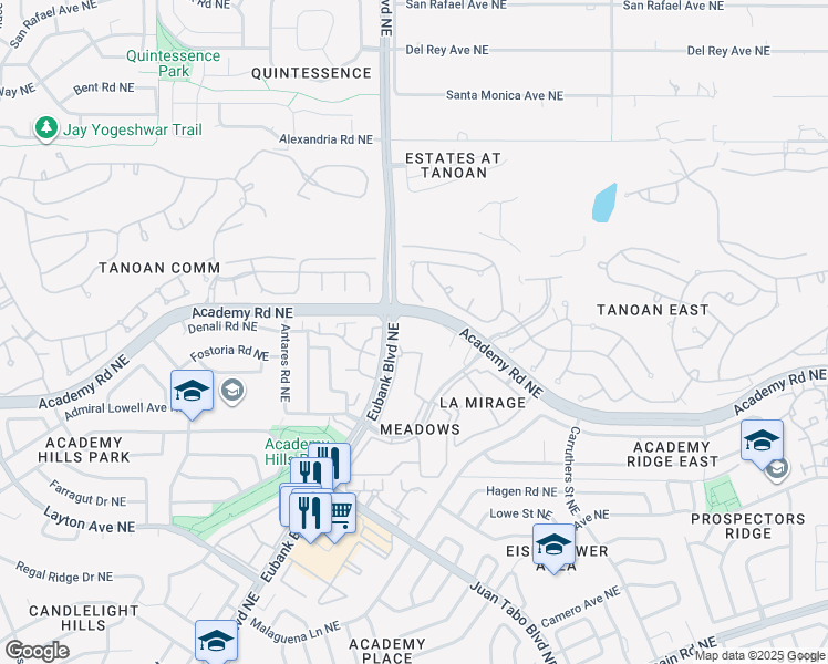 map of restaurants, bars, coffee shops, grocery stores, and more near 10400 Academy Road Northeast in Albuquerque