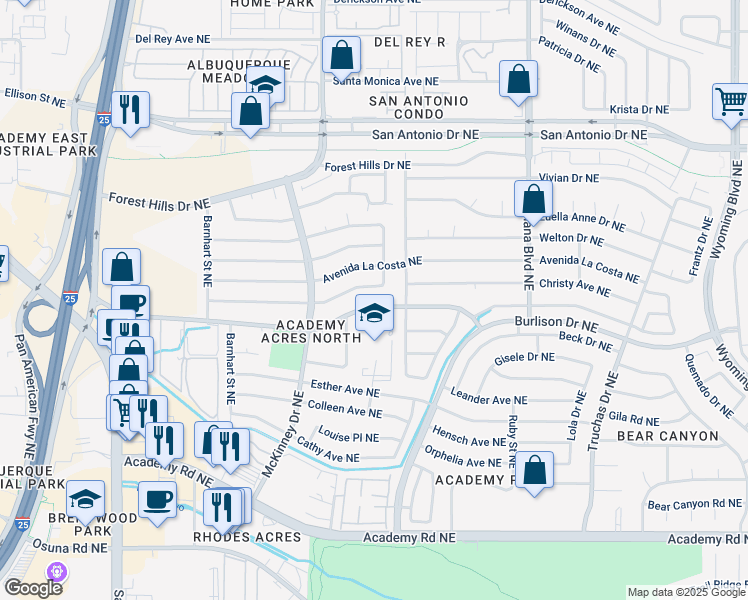 map of restaurants, bars, coffee shops, grocery stores, and more near 6508 Lafving Street Northeast in Albuquerque