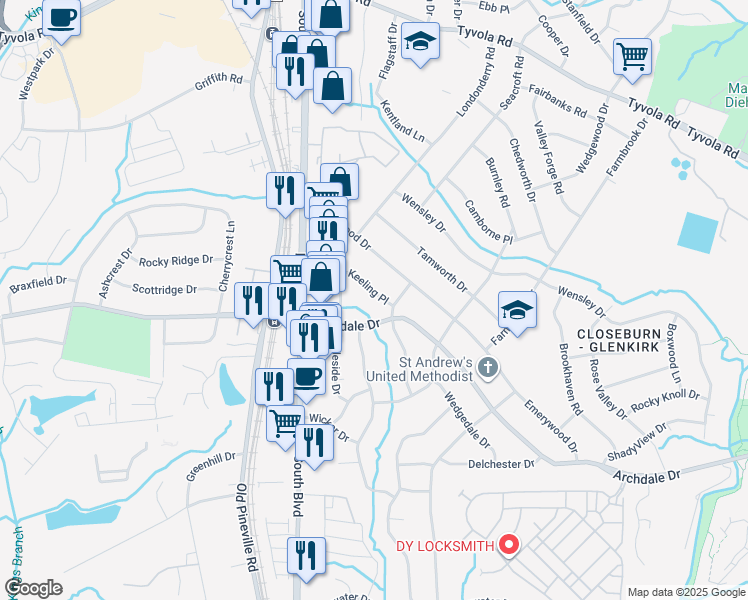 map of restaurants, bars, coffee shops, grocery stores, and more near 6014 Netherwood Drive in Charlotte