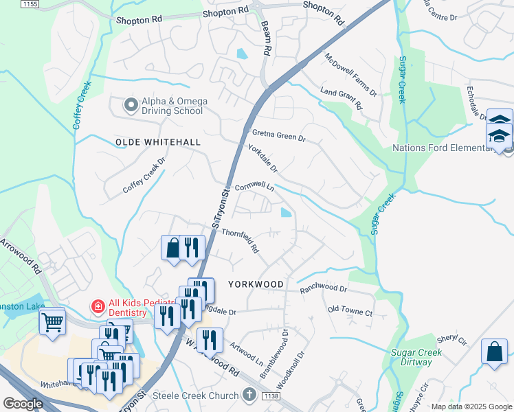 map of restaurants, bars, coffee shops, grocery stores, and more near 6915 South Tryon Street in Charlotte